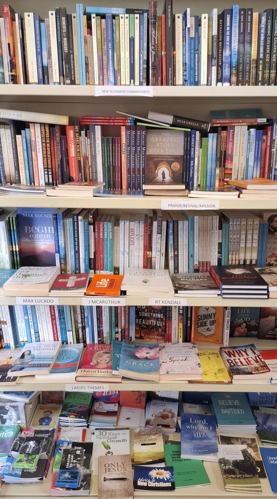 Labelled shelves of theology and Christian books