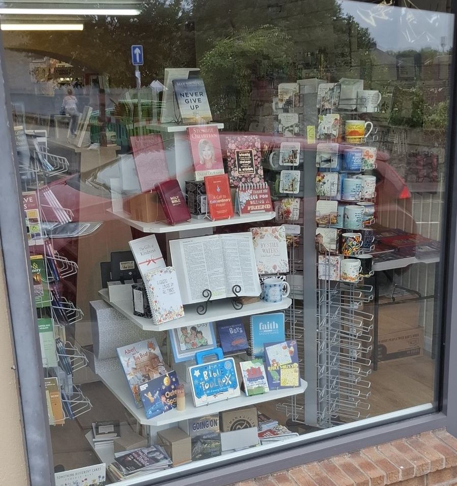 The Burning Bush window display with books and gifts